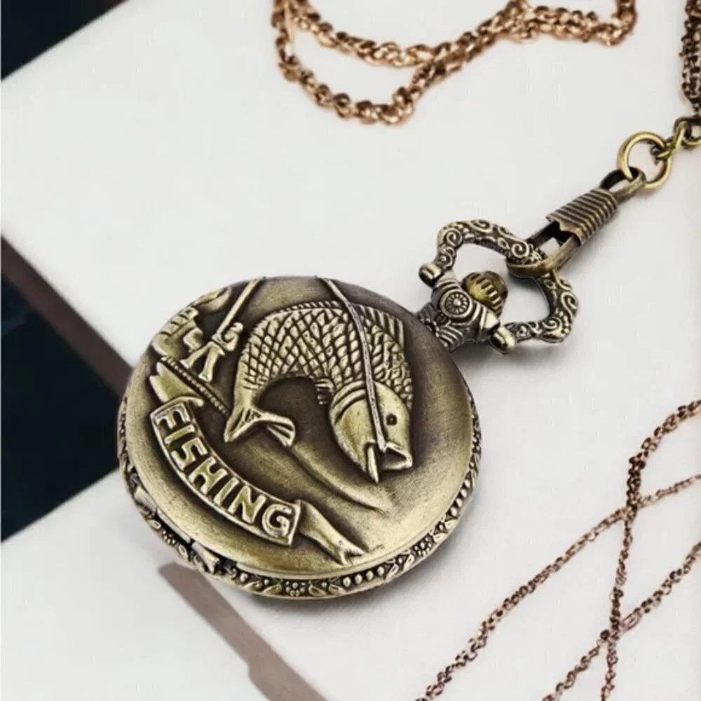 Pocket Chain Watch Fishing Theme Sportsperson Bronze Steampunk Retro Style Gift